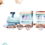 Close-up view of the 'Trains and Planes Kids Wallpaper III' showcasing a delightful pattern of old-fashioned trains and airplanes. The wallpaper features detailed illustrations in soft hues of blue and peach, with playful clouds and small birds, ideal for sparking a child's imagination about travel and adventure.