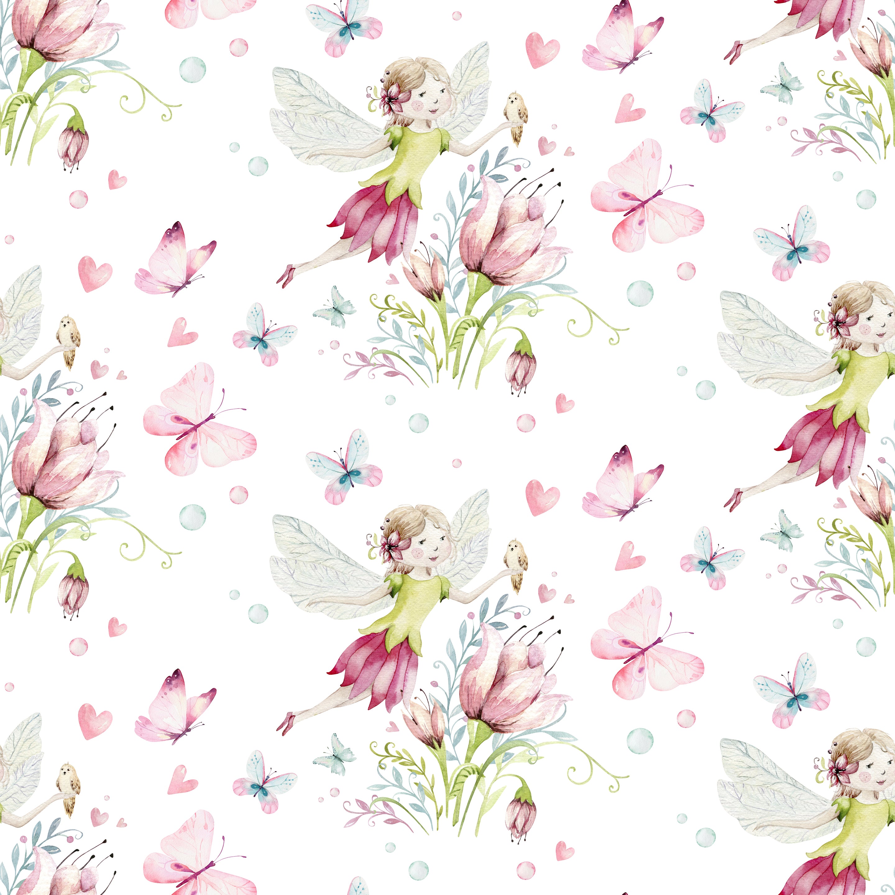 A whimsical and detailed view of the 'Fairy and Flowers Wallpaper,' featuring delicate fairies in flowing dresses with butterfly wings, surrounded by lush tulips and fluttering butterflies in shades of pink and teal. The fairies are depicted in a joyful pose with a backdrop of soft hearts and green foliage, set against a light white background.