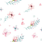 A close-up view of the 'Fairy and Flowers II' wallpaper, featuring a delicate pattern of pink butterflies, teal floral wreaths, and soft hearts against a pristine white background. The watercolor style adds a gentle and airy feel to the design, perfect for creating a soothing environment.