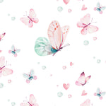 Detailed view of 'Fairy and Flowers III' wallpaper featuring an array of gentle butterflies and floral designs. The butterflies, in shades of pink and teal, flutter amidst scattered hearts and soft green leaves, all set against a crisp white background, creating a light and airy feel