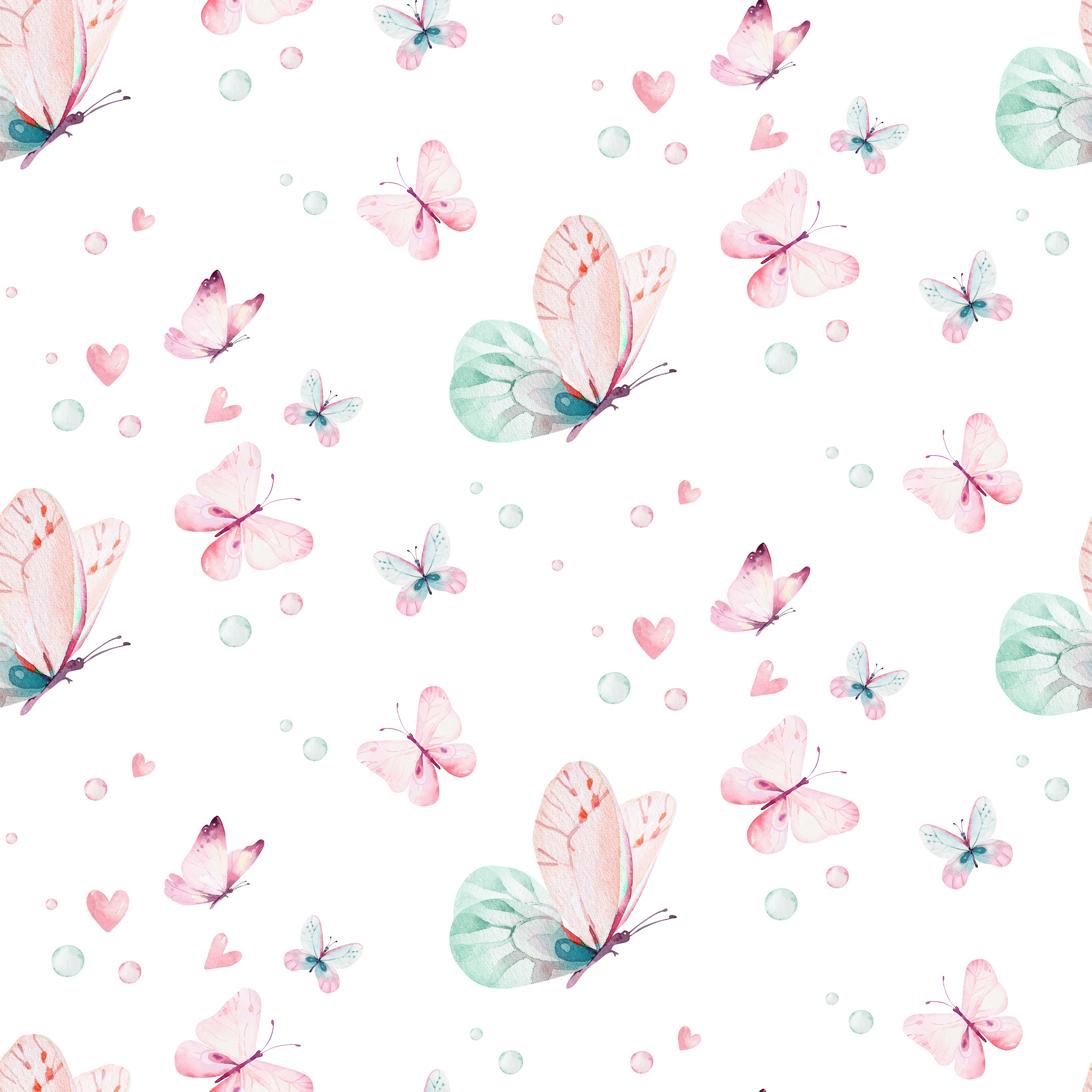 Detailed view of 'Fairy and Flowers III' wallpaper featuring an array of gentle butterflies and floral designs. The butterflies, in shades of pink and teal, flutter amidst scattered hearts and soft green leaves, all set against a crisp white background, creating a light and airy feel