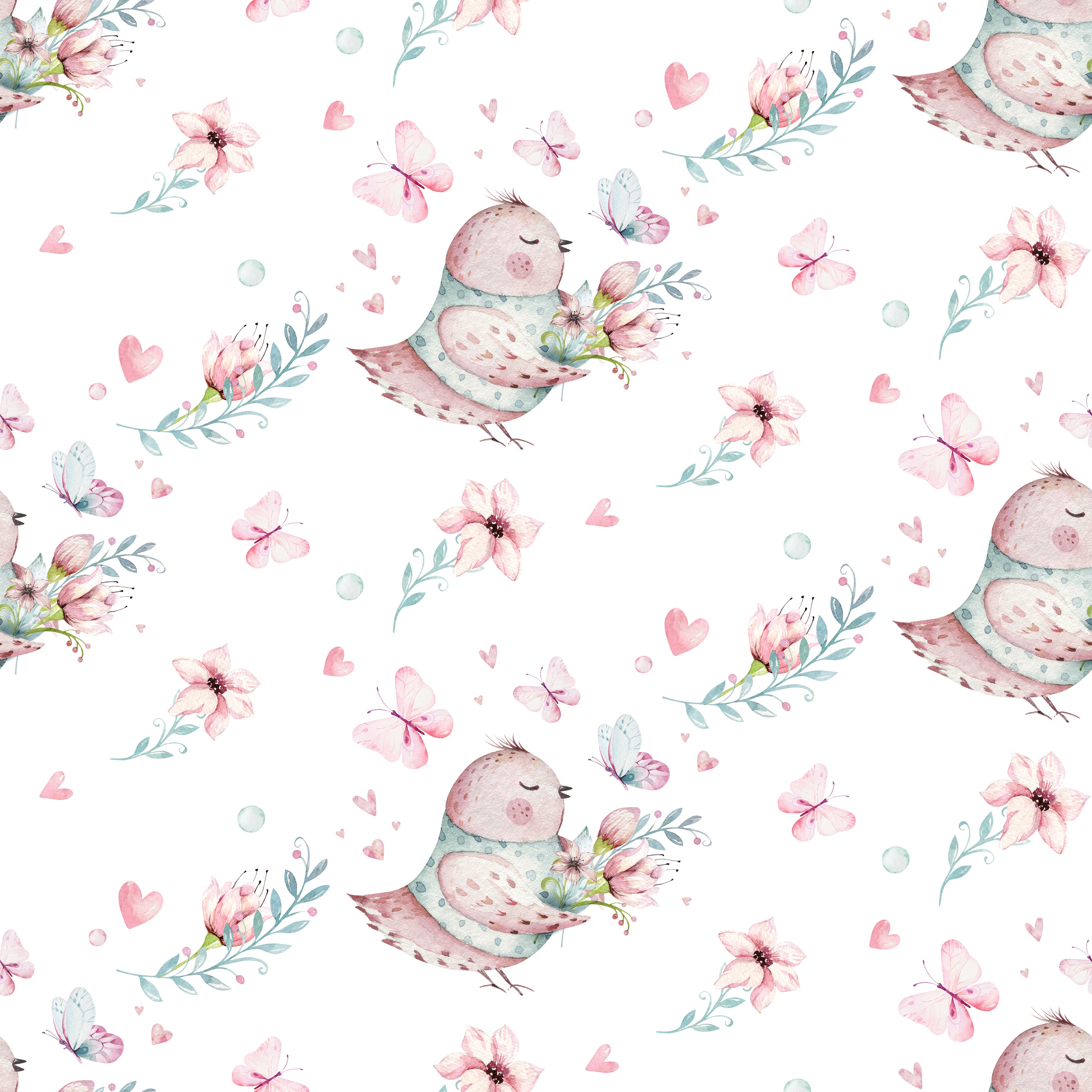 Close-up view of the 'Fairy and Flowers Wallpaper IV' showcasing a whimsical pattern with plump, cheerful birds adorned with leafy wings and surrounded by delicate flowers and fluttering butterflies. The color palette includes soft pinks, greens, and blues on a clean white background.