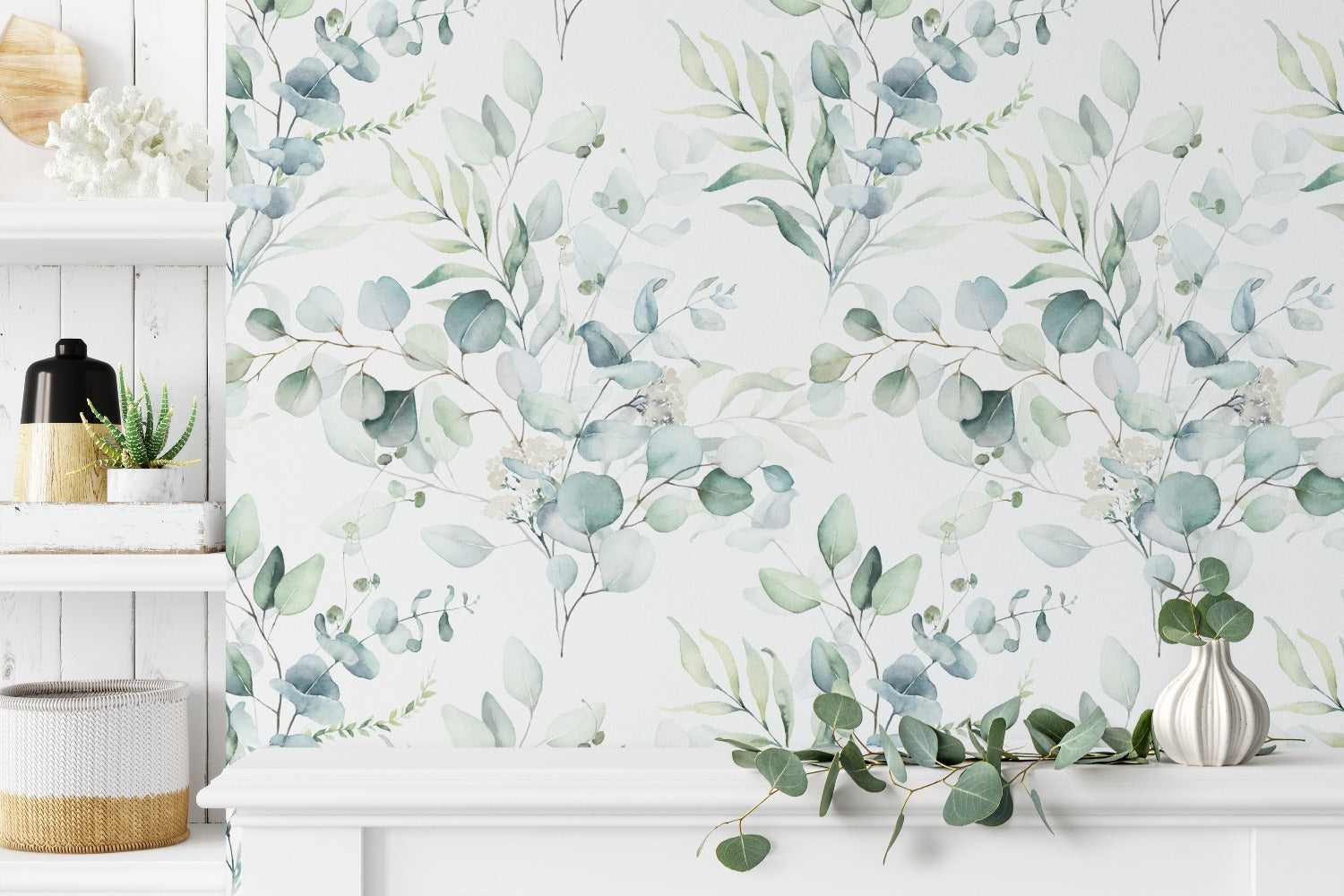 wallpaper, peel and stick wallpaper, Home decor, Green leaves and branches wallpaper, living room wallpaper, multi color wallpaper, Floral Wallpaper, 
