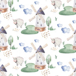 Watercolor Farm Animals IV wallpaper featuring whimsical windmills and fluffy sheep on green hillocks, interspersed with delicate watercolor trees, clouds, and pebble paths on a white background.