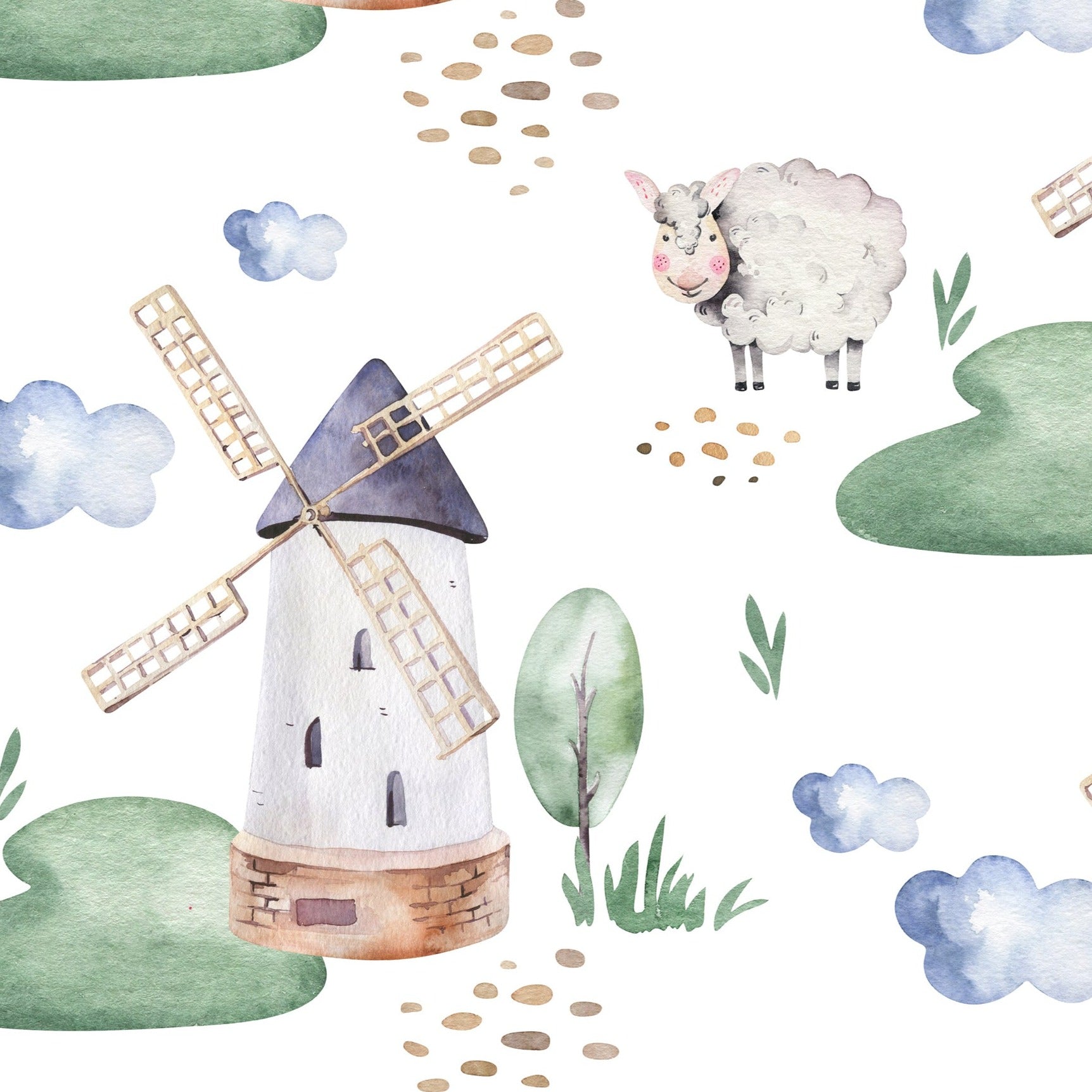 Watercolor Farm Animals IV wallpaper featuring whimsical windmills and fluffy sheep on green hillocks, interspersed with delicate watercolor trees, clouds, and pebble paths on a white background.