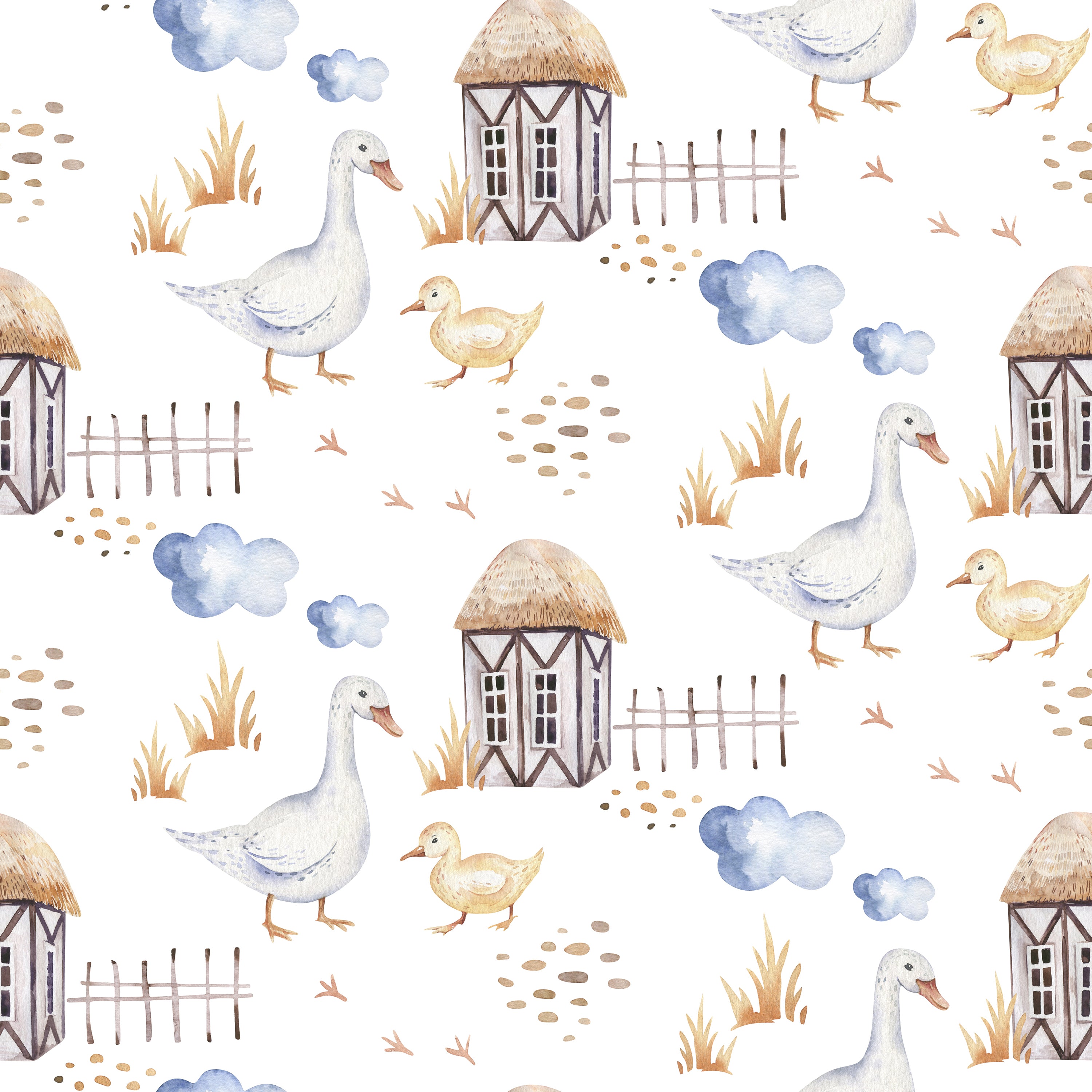 Charming 'Watercolor Farm Animals VI' wallpaper featuring a bucolic scene with watercolor geese, chicks, and rustic farmhouses amidst tufts of grass and floating clouds, set on a white background, perfect for a child's nursery