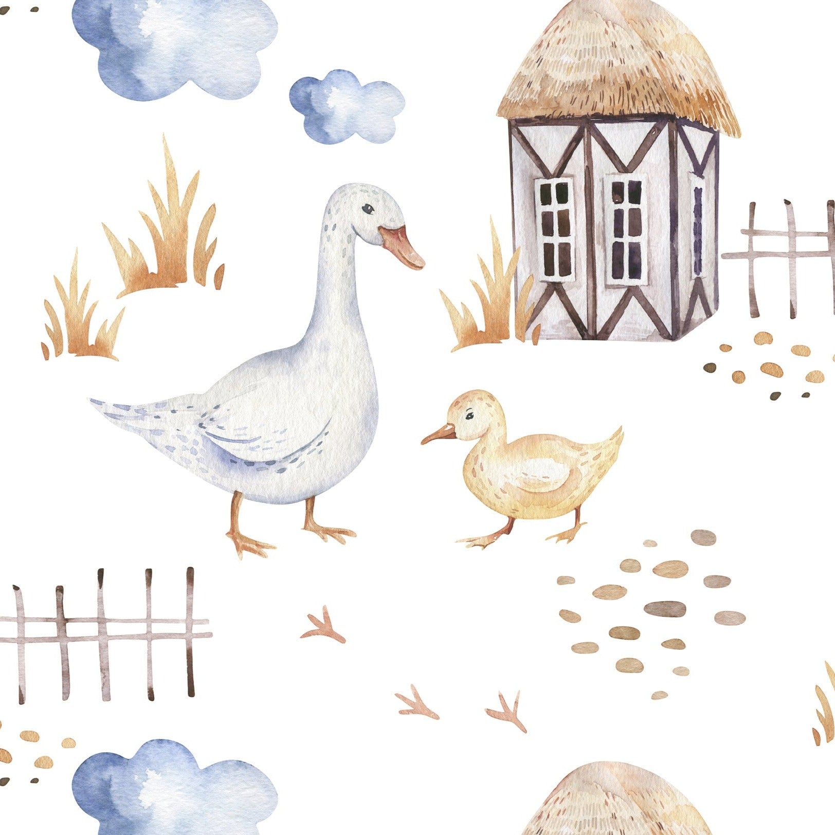 Charming 'Watercolor Farm Animals VI' wallpaper featuring a bucolic scene with watercolor geese, chicks, and rustic farmhouses amidst tufts of grass and floating clouds, set on a white background, perfect for a child's nursery