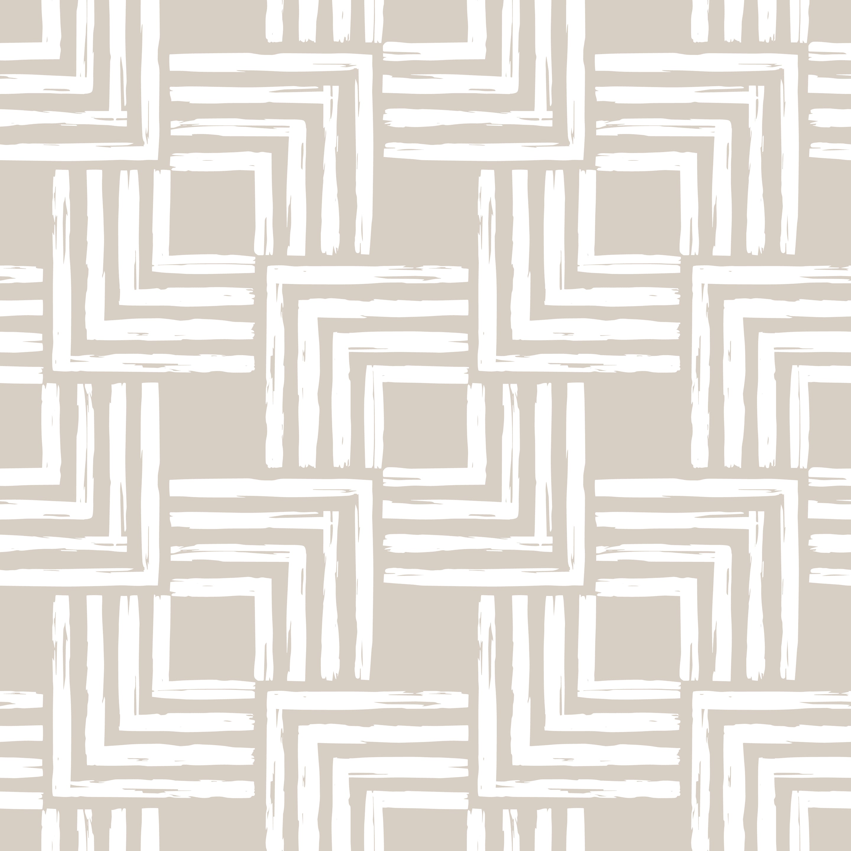 A detailed look at Organic Wallpaper 3 featuring a dynamic pattern of angular brushstrokes forming squares and rectangles in a neutral taupe color on a white background, giving it a modern, abstract feel