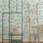 A styled interior scene where the Botanical Vines Wallpaper is used to decorate a bright, airy room. The wallpaper covers the walls behind a modern green metal shelving unit and a wooden ladder, both adorned with neutral-toned decor items, contributing to a refreshing and organic atmosphere.