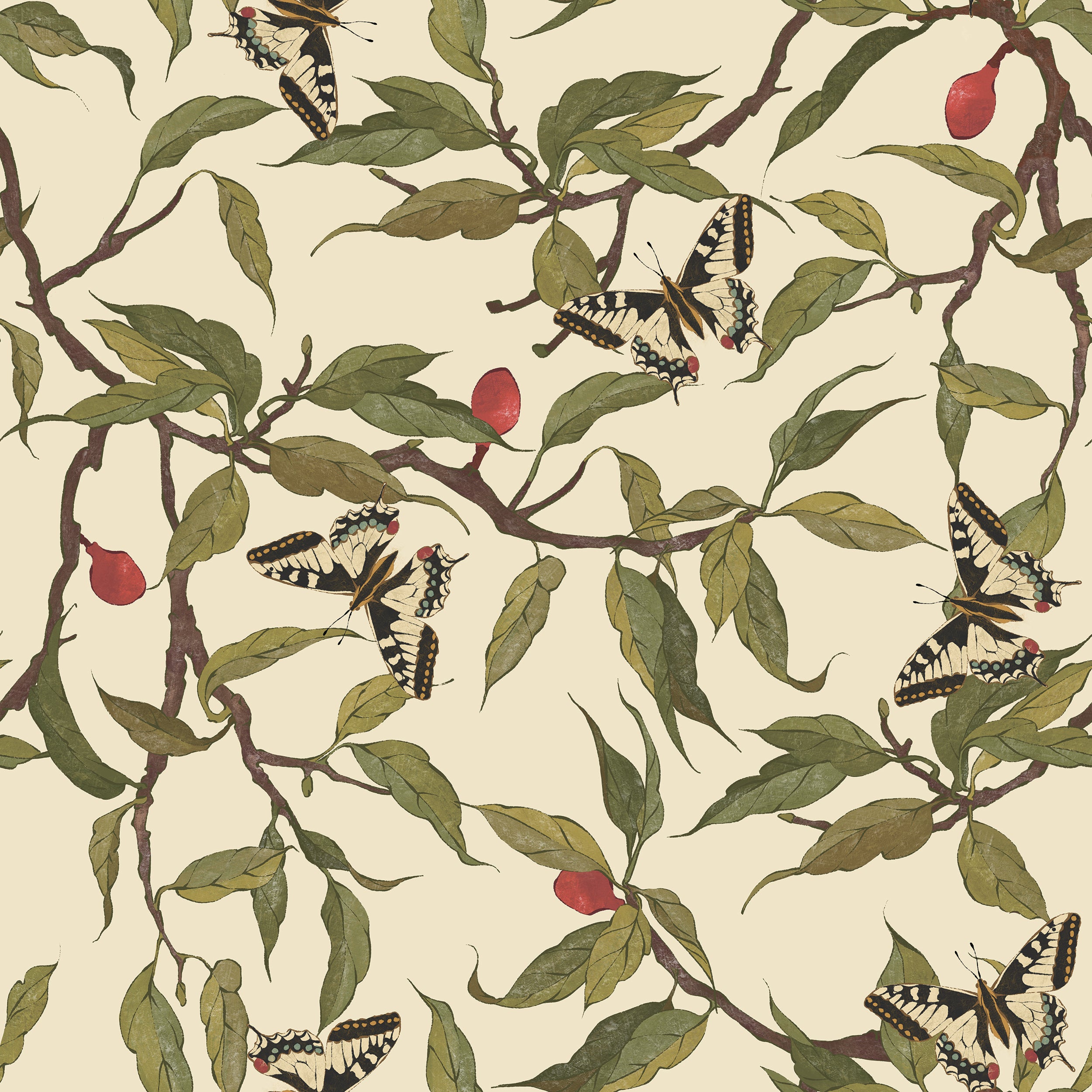 A close-up view of the Vintage Garden Wallpaper pattern, showcasing its detailed depiction of green leaves, red berries, and butterflies. The design creates a vibrant and natural atmosphere, perfect for adding a touch of the outdoors to any interior.