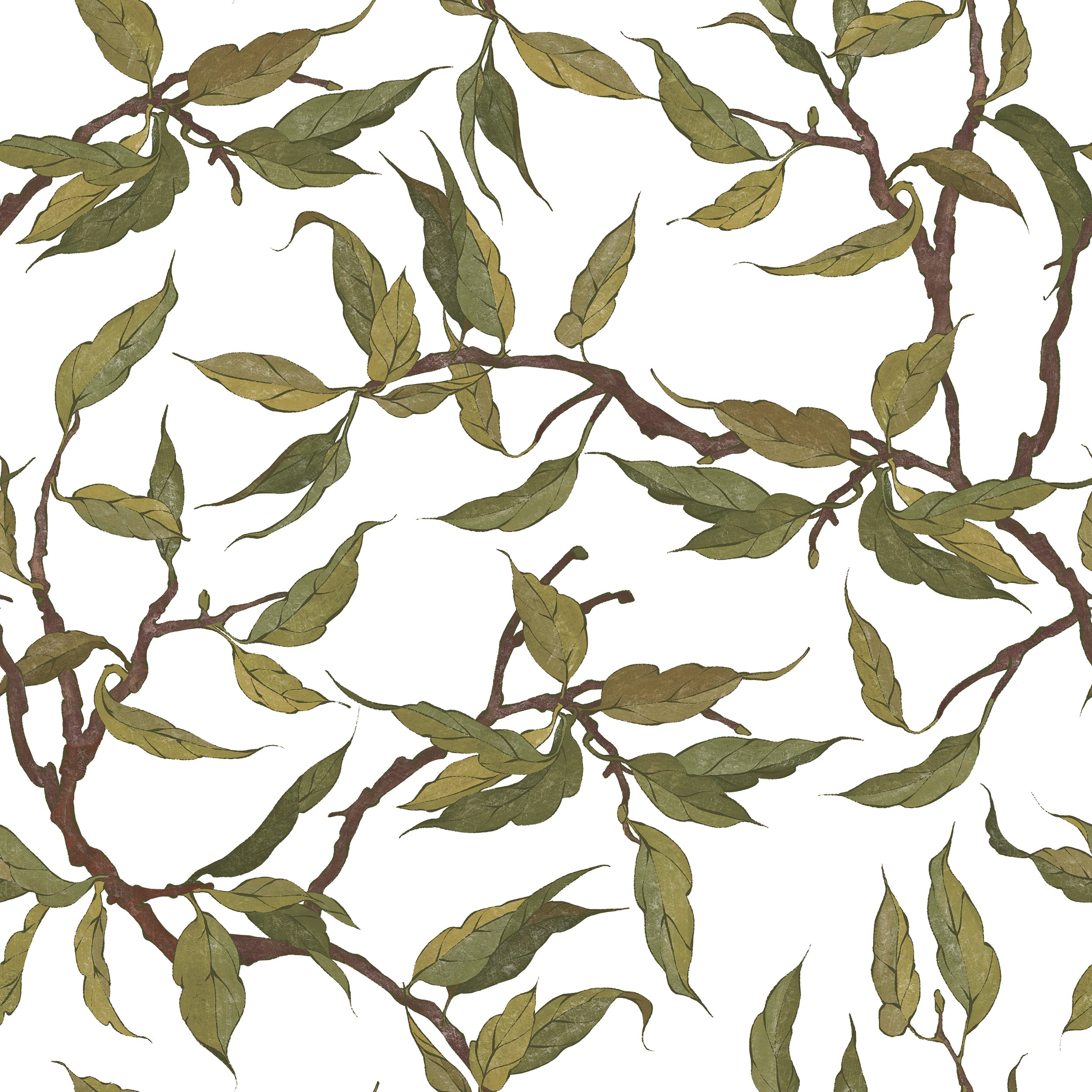 A close-up view of the Vintage Branches Wallpaper pattern, showcasing its detailed depiction of green leaves and brown branches. The design creates a vibrant and earthy atmosphere, perfect for bringing the outdoors inside.