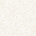 Close-up of wallpaper showcasing an abstract leaf pattern with a seamless design of stylized foliage in ecru. The leaves are densely packed with thin outlines that create a sense of texture and movement, giving the wall covering a natural and calming effect suitable for various interior decor styles.