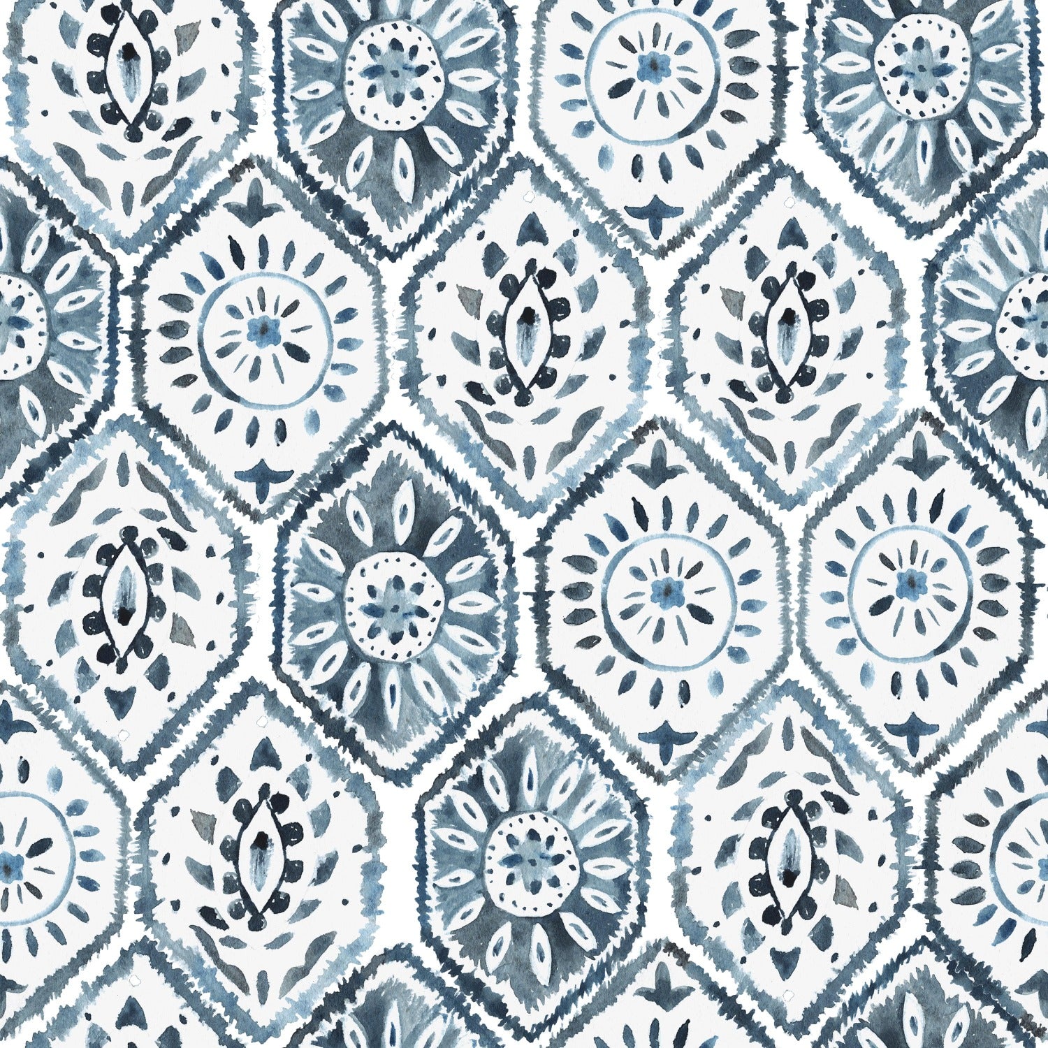 Close-up of a Moroccan Tile patterned wallpaper in indigo blue, showcasing the intricate geometric and floral designs characteristic of Moroccan art.