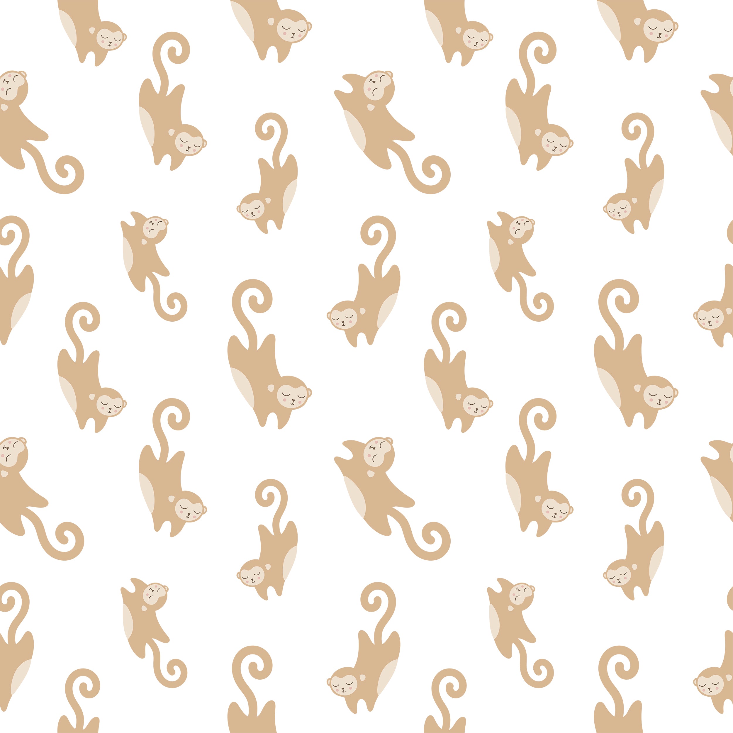 Detailed view of Cute Monkey Wallpaper featuring playful monkey motifs in beige and taupe shades on a white background. Each monkey is depicted in a dynamic, playful pose, adding a whimsical charm to the design.