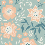 A seamless floral pattern called Colorful Spring Wallpaper, featuring whimsical flowers with cheerful faces in shades of peach and cream, set against a soft teal background. The design includes various green leaves and delicate floral elements, creating a serene and playful ambiance.