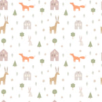 Close-up view of Stag and Fox Wallpaper featuring a charming pattern of stags, foxes, rabbits, and houses amidst trees and foliage, all rendered in soft hues of orange, beige, and green on a white background