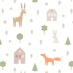 Close-up view of Stag and Fox Wallpaper featuring a charming pattern of stags, foxes, rabbits, and houses amidst trees and foliage, all rendered in soft hues of orange, beige, and green on a white background