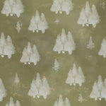 Close-up view of the Shimmer Tree Wallpaper depicting snowy white trees against an olive green backdrop sprinkled with golden shimmer. This enchanting design adds a serene and luxurious feel to any space, ideal for creating a calm and inviting atmosphere.
