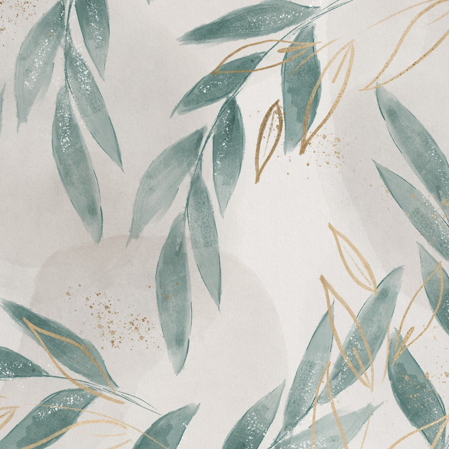 Elegant Shimmering Floral Wallpaper featuring a soft, watercolor design of teal and golden leaves scattered across a textured beige background, adding a luxurious touch to home decor