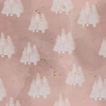 A serene and enchanting Shimmer Tree Wallpaper - Pink, featuring delicate white trees on a soft pink background with scattered golden flecks and subtle snowy textures, creating a magical winter scene