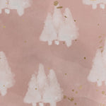 A serene and enchanting Shimmer Tree Wallpaper - Pink, featuring delicate white trees on a soft pink background with scattered golden flecks and subtle snowy textures, creating a magical winter scene