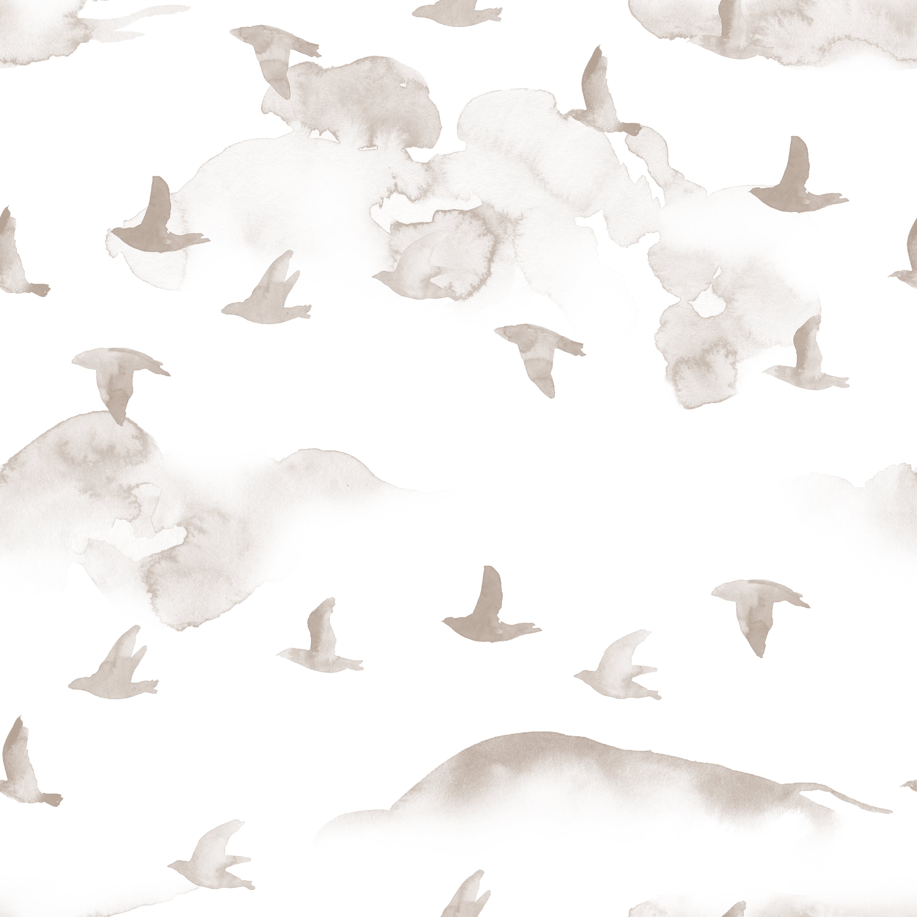 a minimalist watercolor wallpaper design from the Kids Wild Pinery collection, featuring soft beige silhouettes of flying and perched birds scattered across a clean white background. The subtle, naturalistic pattern evokes the serene ambiance of a pine forest alive with the gentle activity of its avian inhabitants.