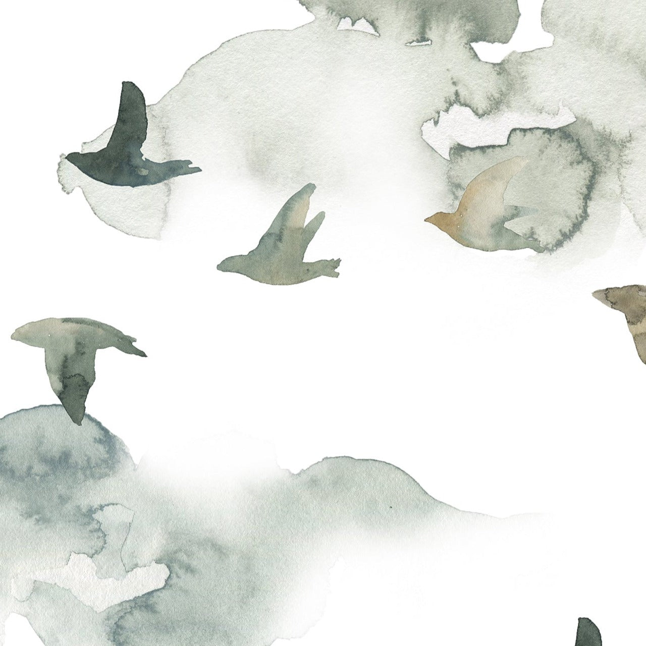 A close-up of the "Wild Pinery Wallpaper," featuring abstract watercolor pine trees and birds in flight. The shapes are rendered in a soft, earthy palette of greens and browns, with a wash-like effect that gives the appearance of a misty forest landscape, lending a peaceful and naturalistic feel to the wall covering.