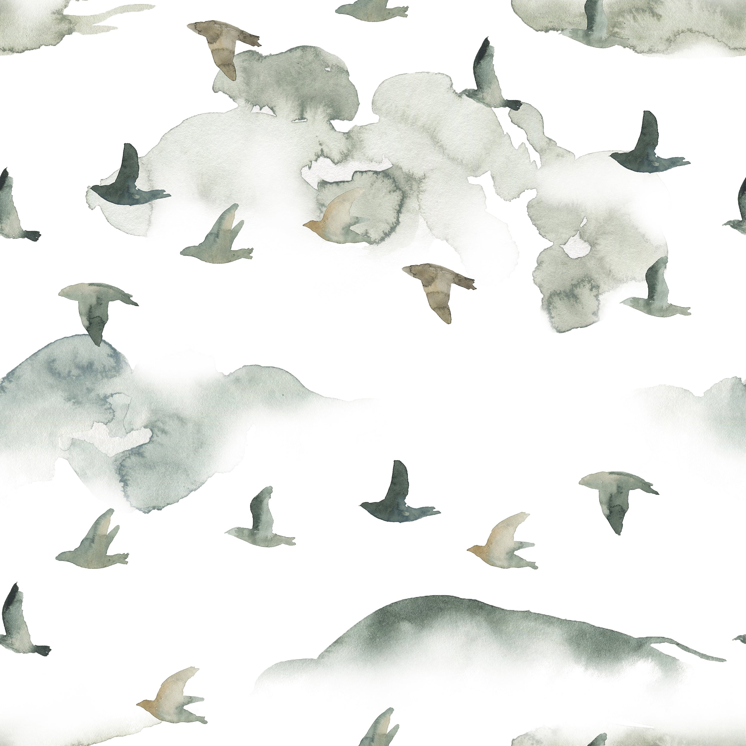 A close-up of the "Wild Pinery Wallpaper," featuring abstract watercolor pine trees and birds in flight. The shapes are rendered in a soft, earthy palette of greens and browns, with a wash-like effect that gives the appearance of a misty forest landscape, lending a peaceful and naturalistic feel to the wall covering.