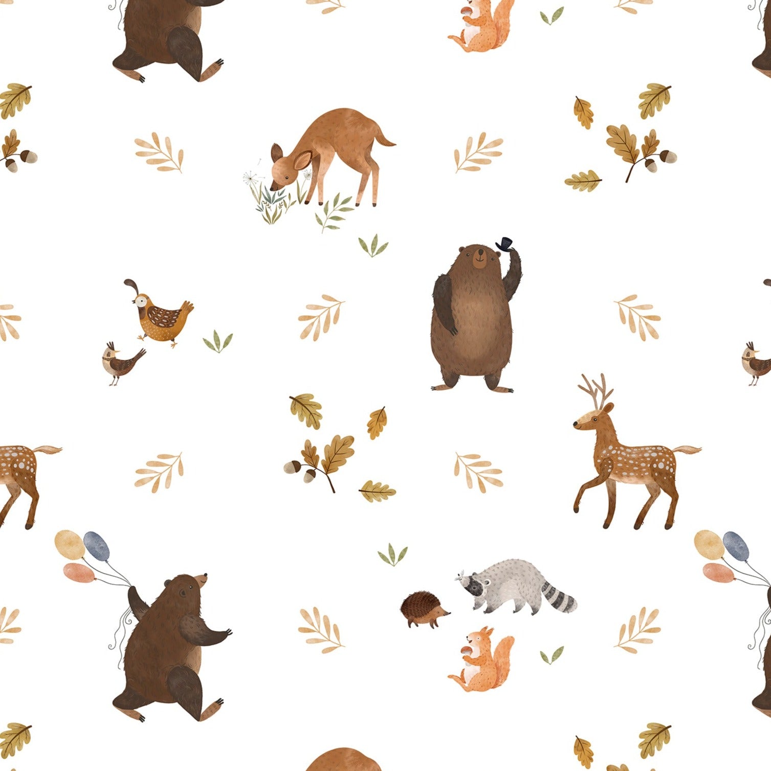 Vibrant illustration of Forest Bear Wallpaper featuring an array of forest animals like bears, deer, raccoons, and foxes interspersed with small foliage and acorns on a clean, white background, creating a playful and enchanting forest scene