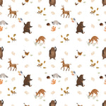 Vibrant illustration of Forest Bear Wallpaper featuring an array of forest animals like bears, deer, raccoons, and foxes interspersed with small foliage and acorns on a clean, white background, creating a playful and enchanting forest scene