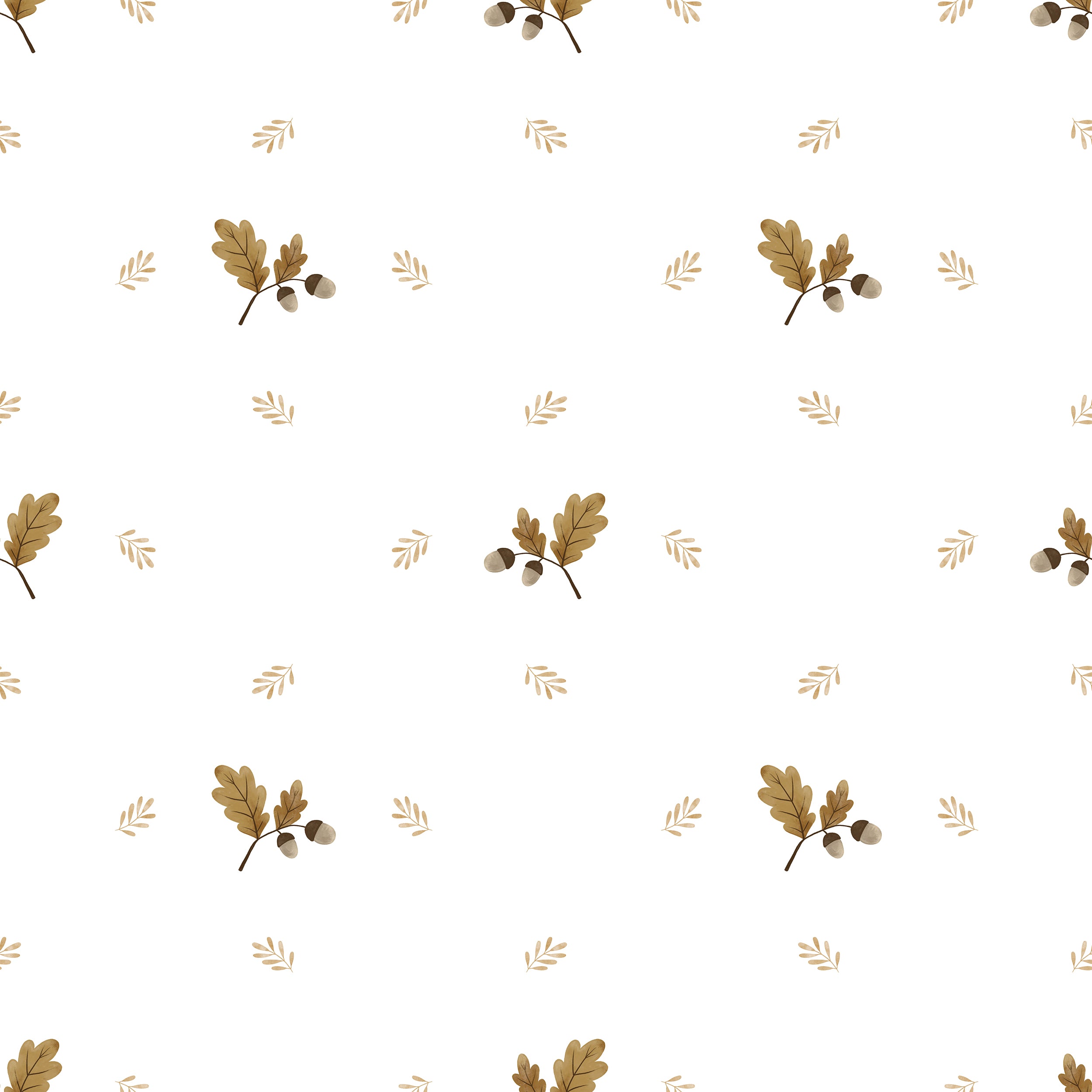 Detailed close-up of Forest Leaf Wallpaper featuring delicate illustrations of oak leaves and acorns interspersed with small, light brown twigs on a soft white background, conveying a serene and natural aesthetic