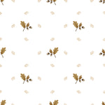 Detailed close-up of Forest Leaf Wallpaper featuring delicate illustrations of oak leaves and acorns interspersed with small, light brown twigs on a soft white background, conveying a serene and natural aesthetic