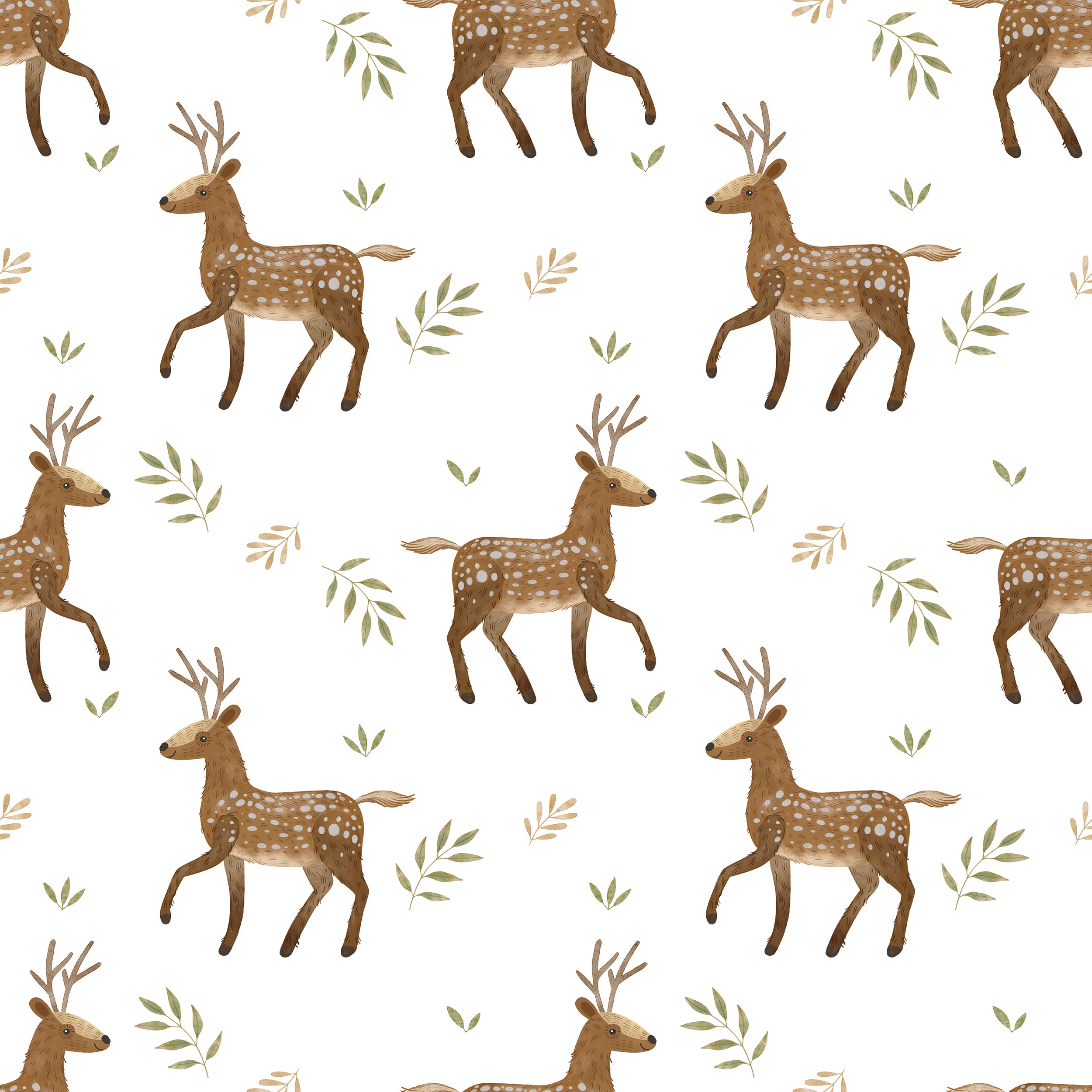 Close-up of Forest Stag Wallpaper depicting a repeating pattern of brown stags in various poses, surrounded by small green leaves on a white background, offering a vibrant and nature-inspired look ideal for creating a focal point in any room.