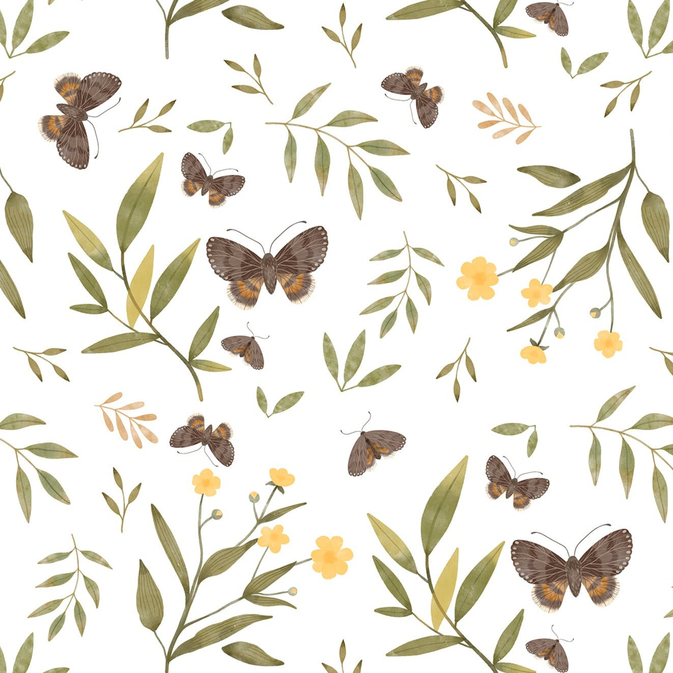 Close-up view of Forest Moth Wallpaper featuring delicate moths in various shades of brown, interspersed with green leaves and yellow flowers on a light background. This design captures the serene beauty of a woodland scene.
