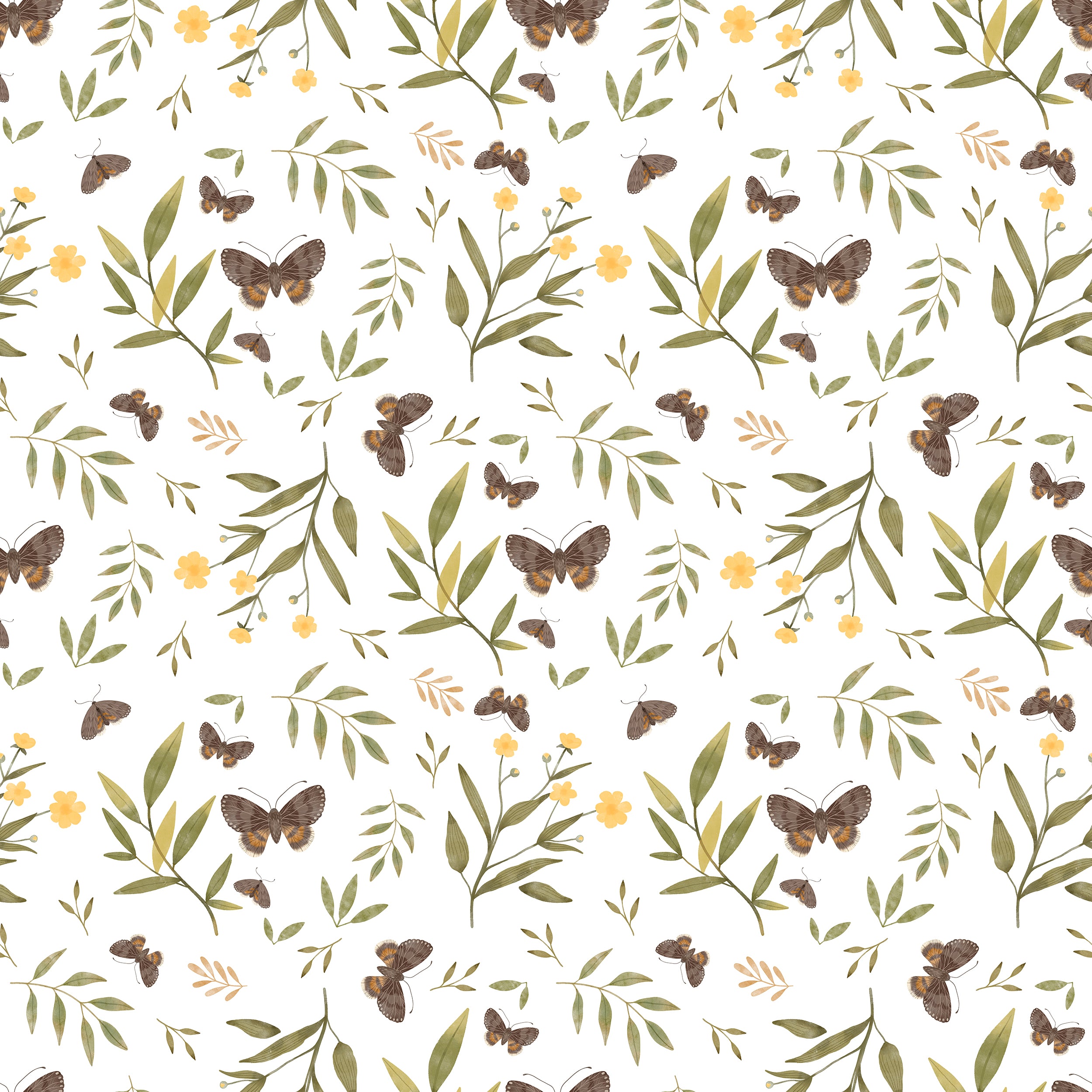 Close-up view of Forest Moth Wallpaper featuring delicate moths in various shades of brown, interspersed with green leaves and yellow flowers on a light background. This design captures the serene beauty of a woodland scene.
