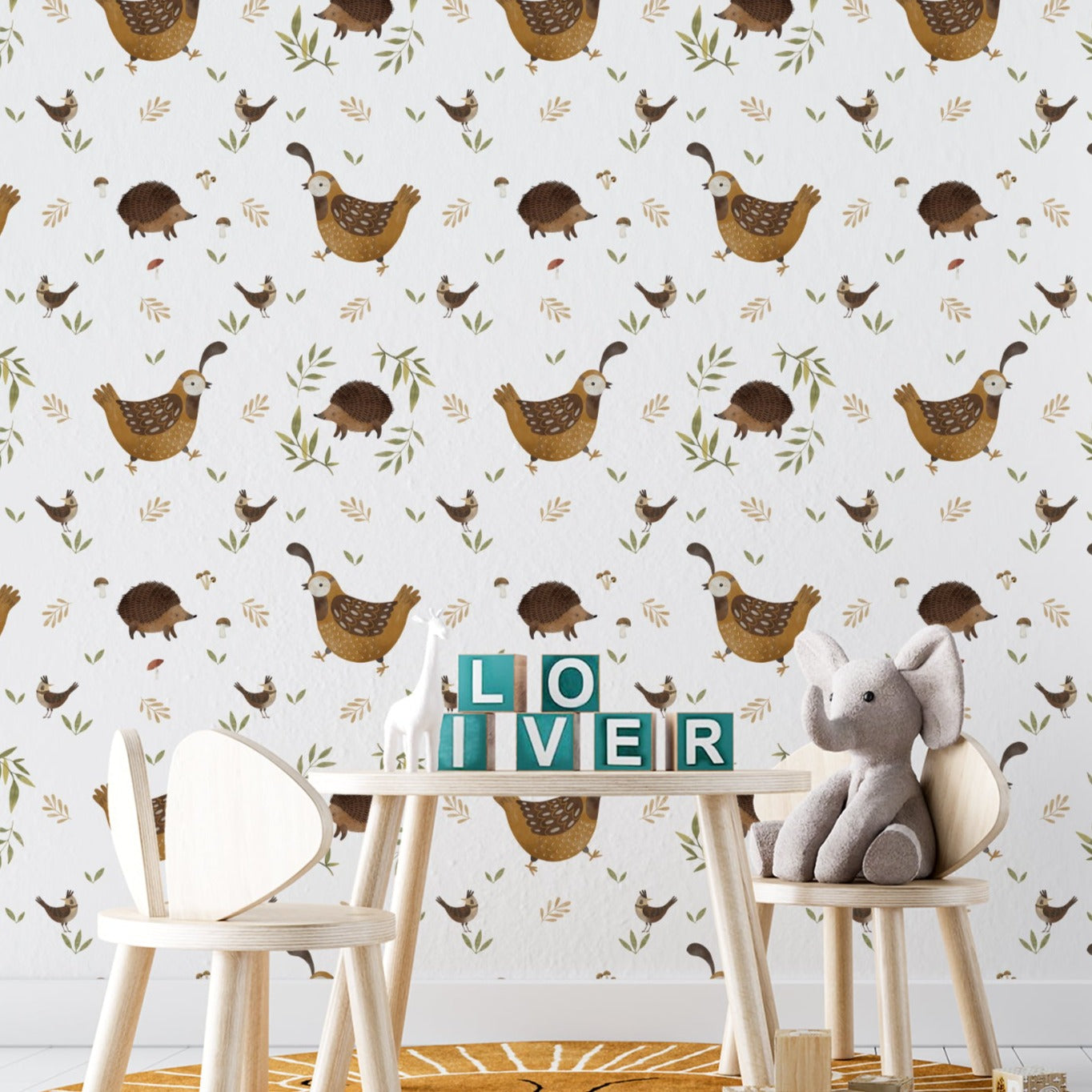 Child-friendly room decorated with Forest Hen Wallpaper, displaying a delightful array of forest creatures like hens, hedgehogs, and birds, creating an inviting and educational environment perfect for stimulating young imaginations.