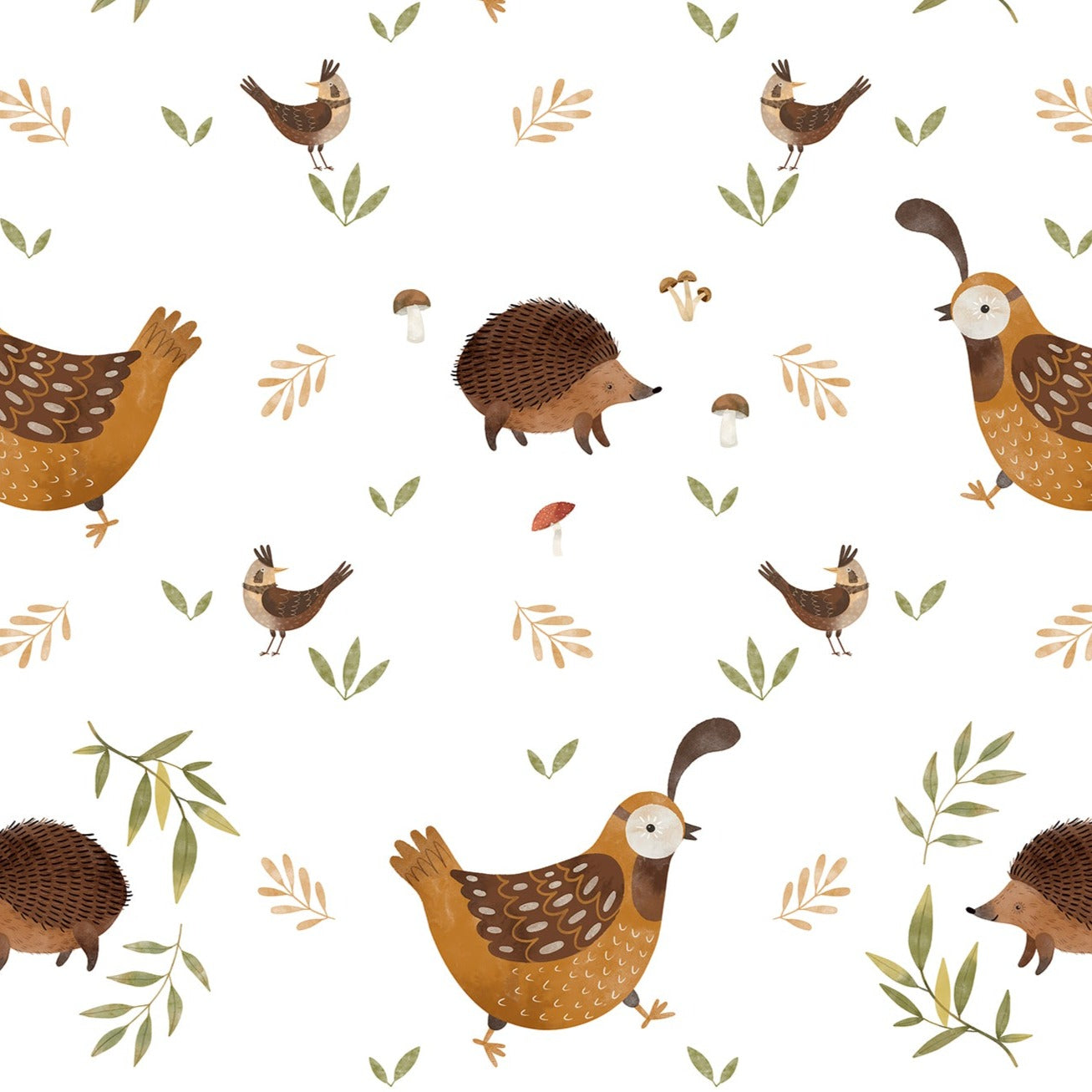 Close-up of Forest Hen Wallpaper featuring playful illustrations of brown hens, hedgehogs, and small birds amidst leaves and mushrooms on a white background, ideal for a natural and charming interior decor