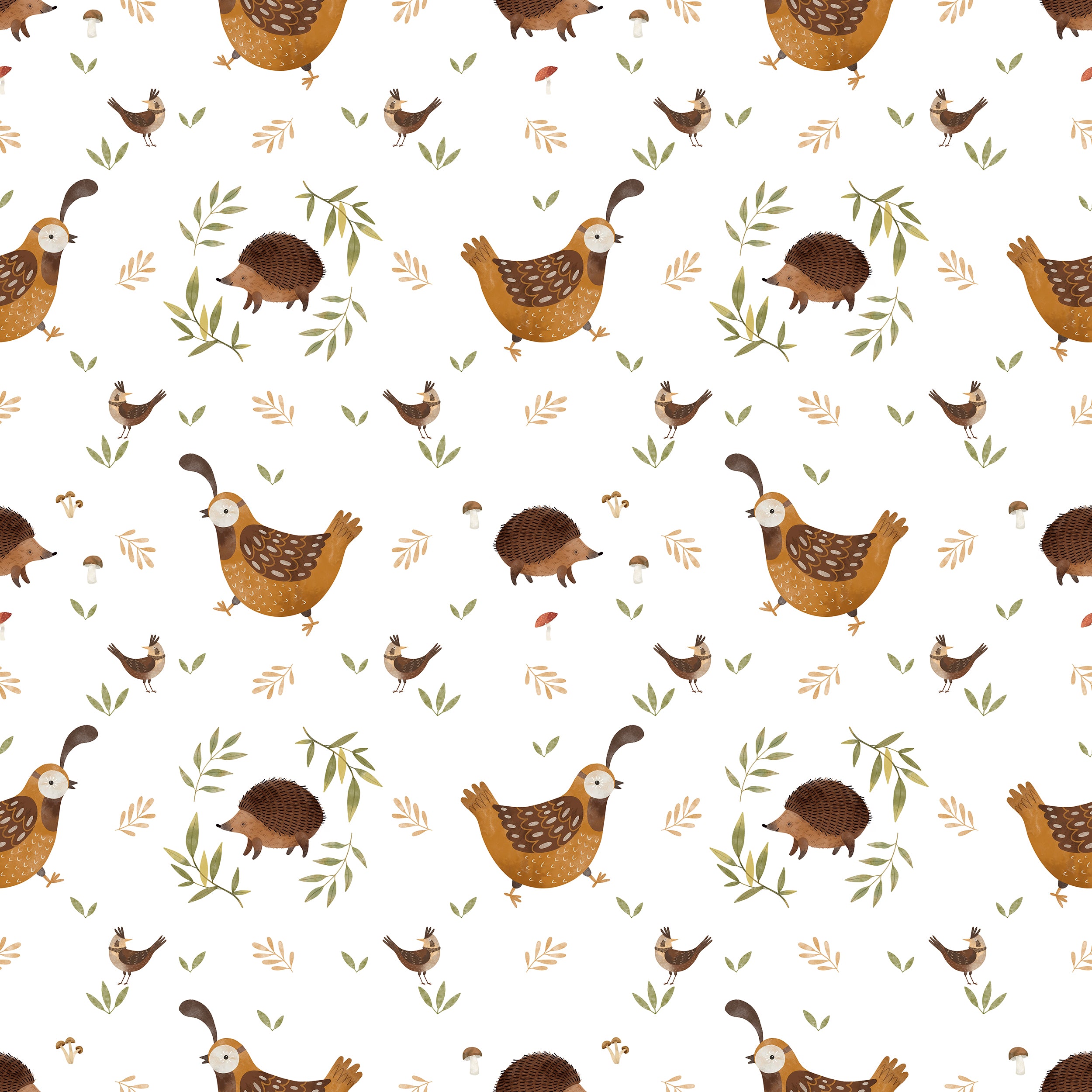 Close-up of Forest Hen Wallpaper featuring playful illustrations of brown hens, hedgehogs, and small birds amidst leaves and mushrooms on a white background, ideal for a natural and charming interior decor