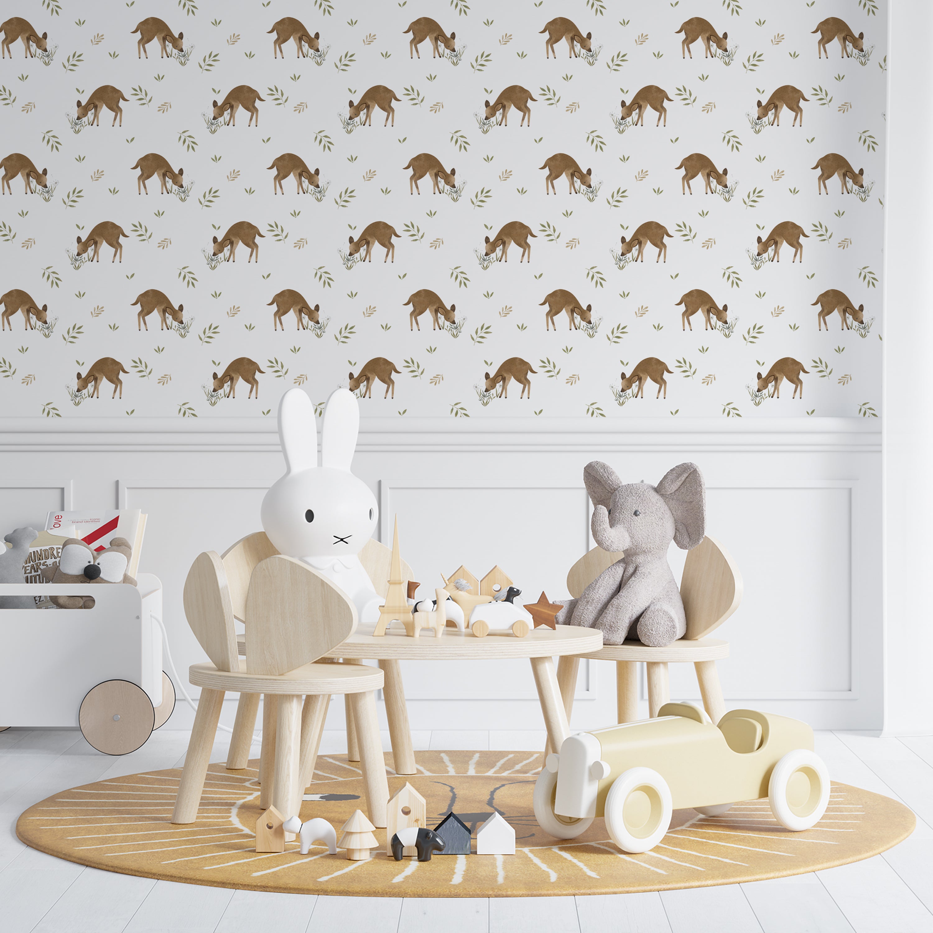 A cozy children's room decorated with Forest Fawn Wallpaper, enhancing the playful yet tranquil atmosphere. The gentle pattern of fawns, flowers, and leaves provides a naturalistic backdrop ideal for nurturing environments