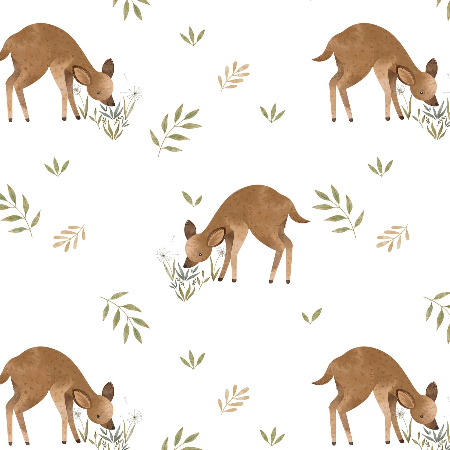 Close-up of Forest Fawn Wallpaper featuring charming illustrations of young fawns grazing among small flowers and green leaves on a clean white background, perfect for adding a serene touch to any room