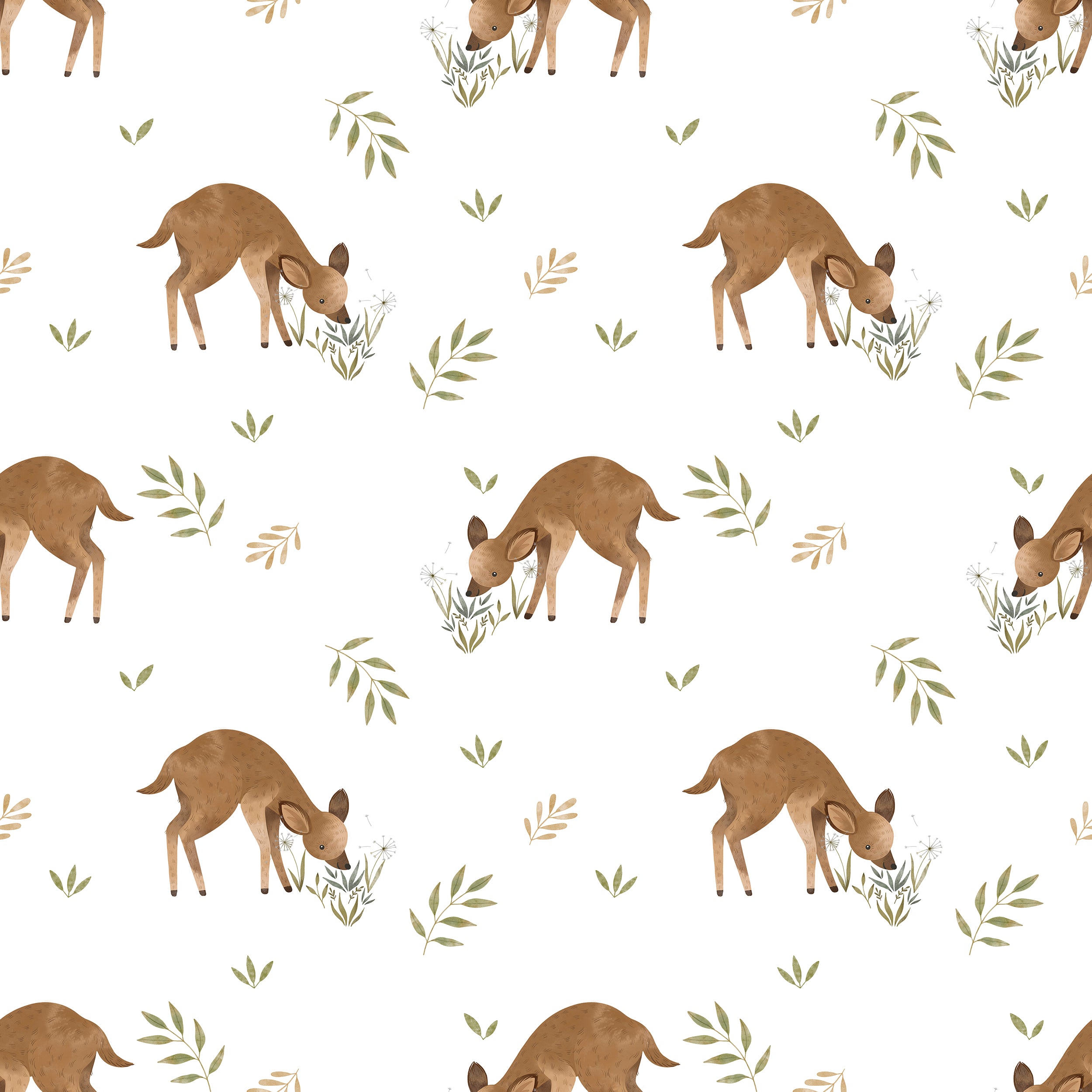 Close-up of Forest Fawn Wallpaper featuring charming illustrations of young fawns grazing among small flowers and green leaves on a clean white background, perfect for adding a serene touch to any room