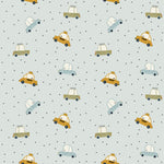 Playful pattern of Cute Cars Wallpaper featuring colorful cartoon-style cars in blue and yellow, interspersed with black dots on a light gray background. The charming design is perfect for a child's room or play area, adding a fun and vibrant touch.