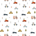 Vibrant wallpaper featuring a fun and colorful assortment of cartoon vehicles including taxis, police cars, and ambulances, along with playful animal drivers such as dogs and rabbits, set against a backdrop of road signs and trees