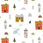 Whimsical wallpaper pattern featuring colorful illustrations of houses, lighthouses, and trees, interspersed with playful rainbows and clouds, creating a charming and imaginative setting for a child's room