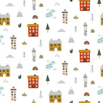 Whimsical wallpaper pattern featuring colorful illustrations of houses, lighthouses, and trees, interspersed with playful rainbows and clouds, creating a charming and imaginative setting for a child's room