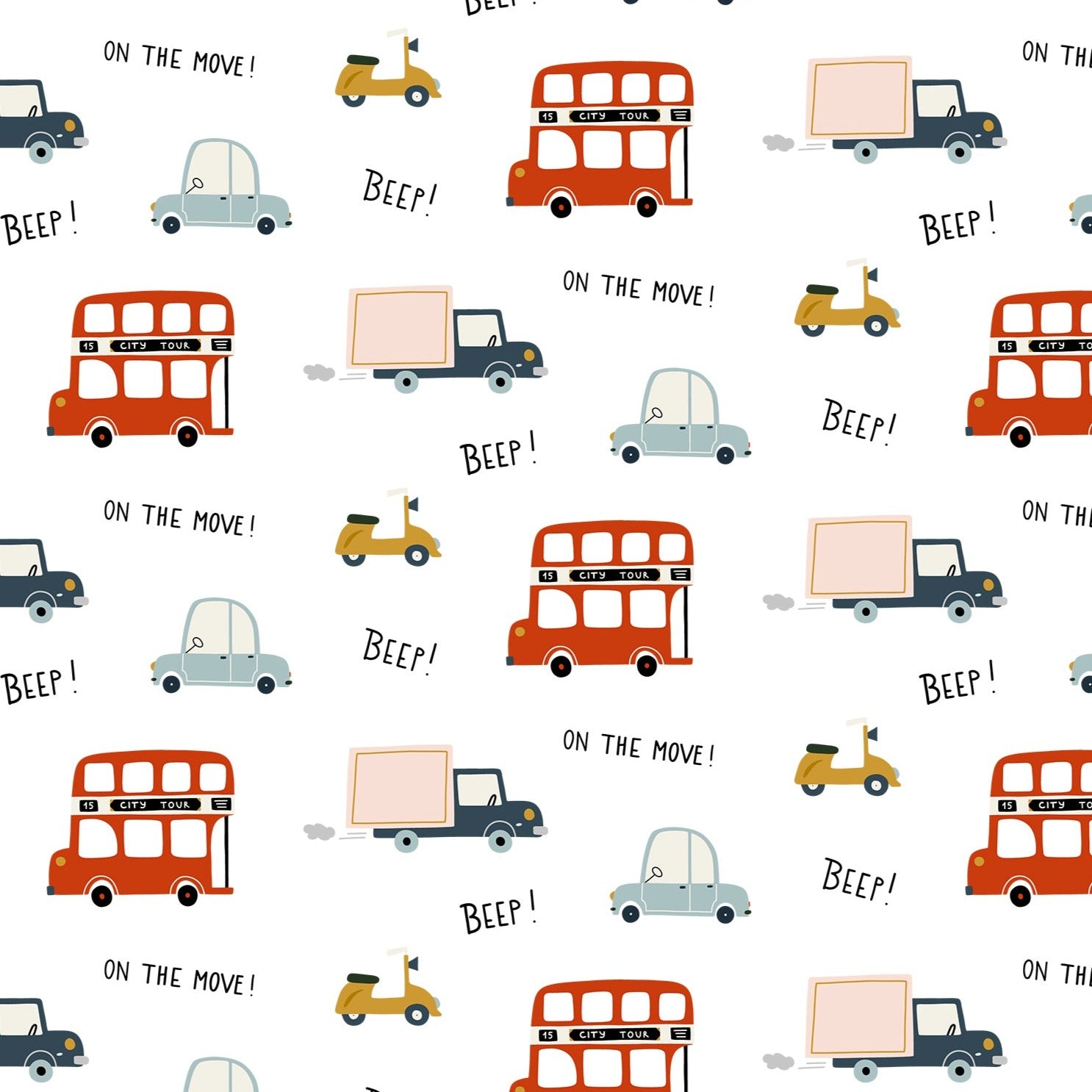 Seamless pattern of Cute Cars Wallpaper 07, featuring a playful assortment of vehicles like red double-decker buses, blue cars, and yellow scooters interspersed with text phrases such as 'Beep!' and 'On the Move!' on a white background.