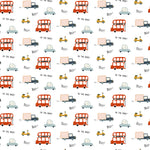 Seamless pattern of Cute Cars Wallpaper 07, featuring a playful assortment of vehicles like red double-decker buses, blue cars, and yellow scooters interspersed with text phrases such as 'Beep!' and 'On the Move!' on a white background.