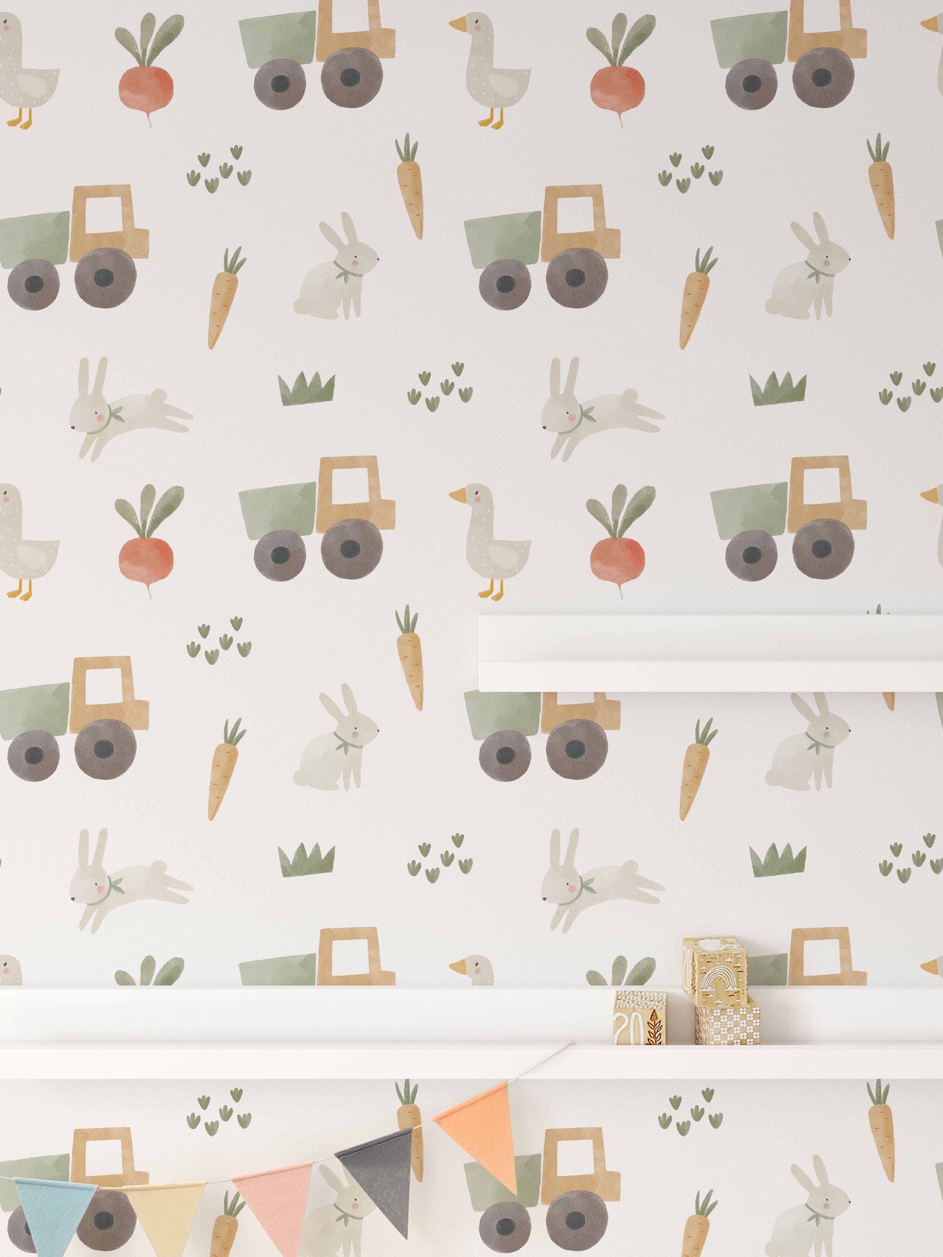 A child's room decorated with Farm Friend Wallpaper - Bunnies and Gosling, showcasing charming illustrations of bunnies, geese, tractors, carrots, radishes, and grass, creating a playful and whimsical atmosphere.