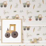A child's room decorated with Farm Friend Wallpaper - Bunnies and Gosling, showcasing charming illustrations of bunnies, geese, tractors, carrots, radishes, and grass, creating a playful and whimsical atmosphere.