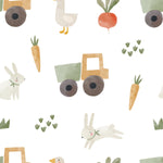 A seamless pattern of Farm Friend Wallpaper - Bunnies and Gosling, featuring hand-drawn illustrations of bunnies, geese, tractors, carrots, radishes, and grass on a white background.
